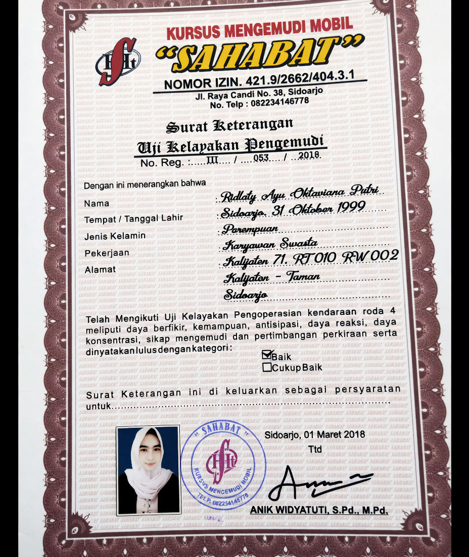 Surat Izin Operasional Kursus Mengemudi Sahabat Sidoarjo